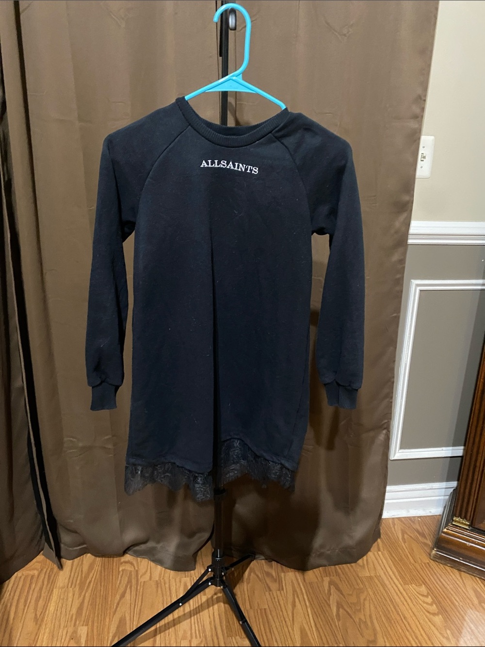 All Saints Kids Black Sweatshirt Dress with Lace Trim